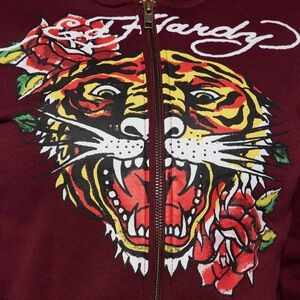 Ed Hardy Retro Tiger Zip Front Hoodie - Burgundy
